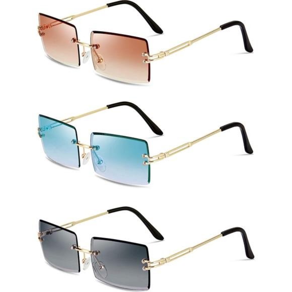 3 Pairs Rimless Rectangle Sunglasses Tinted Frameless Eyewear Vintage Transparen - Picture 1 of 6